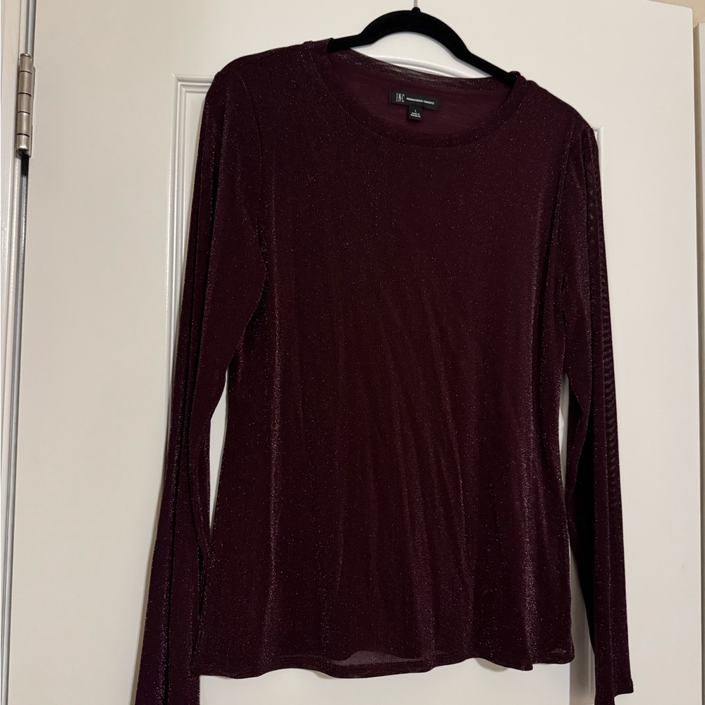 INC Elegant Burgundy Sparkle Long Sleeve Top